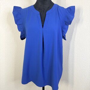 Dokotoo Womens Royal‎ Blue Ruffle Sleeve Blouse L 100% Polyester Lightweight Top